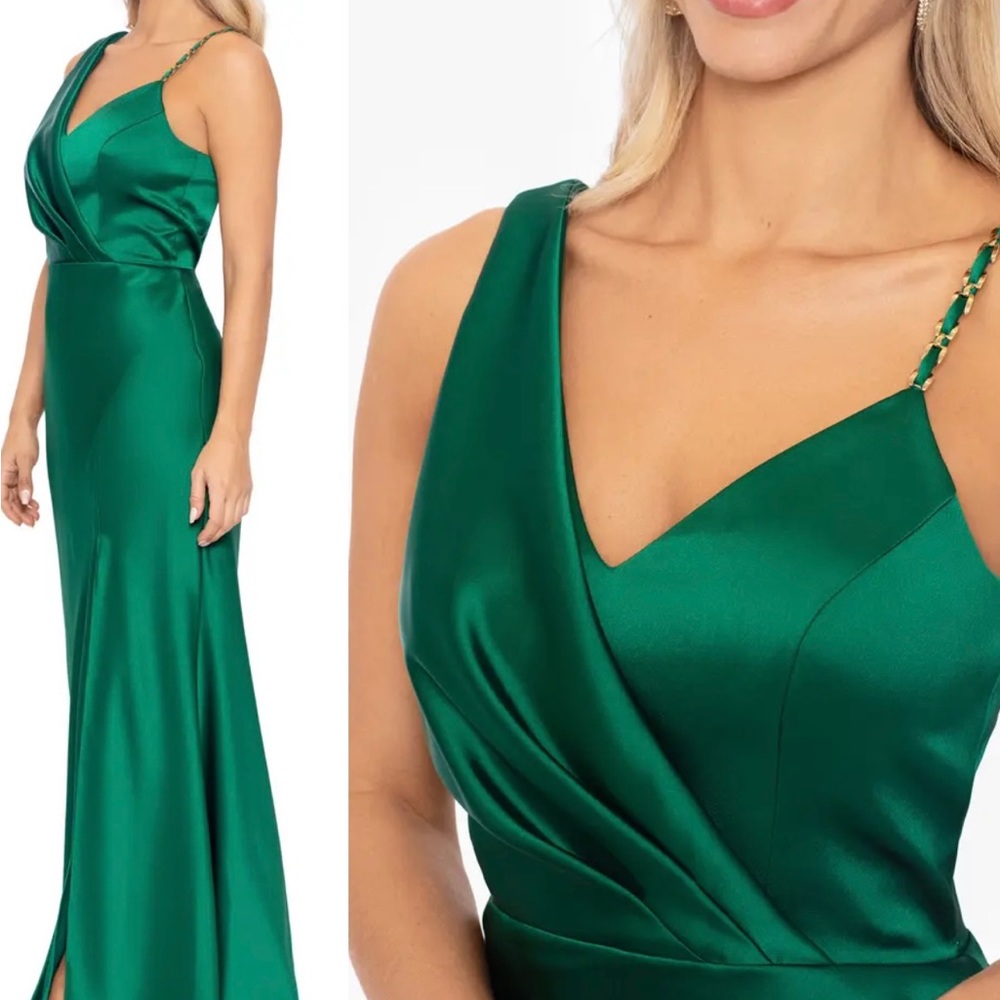 New with tags asymmetric Rhinestone Strap Faux Wrap Satin Gown